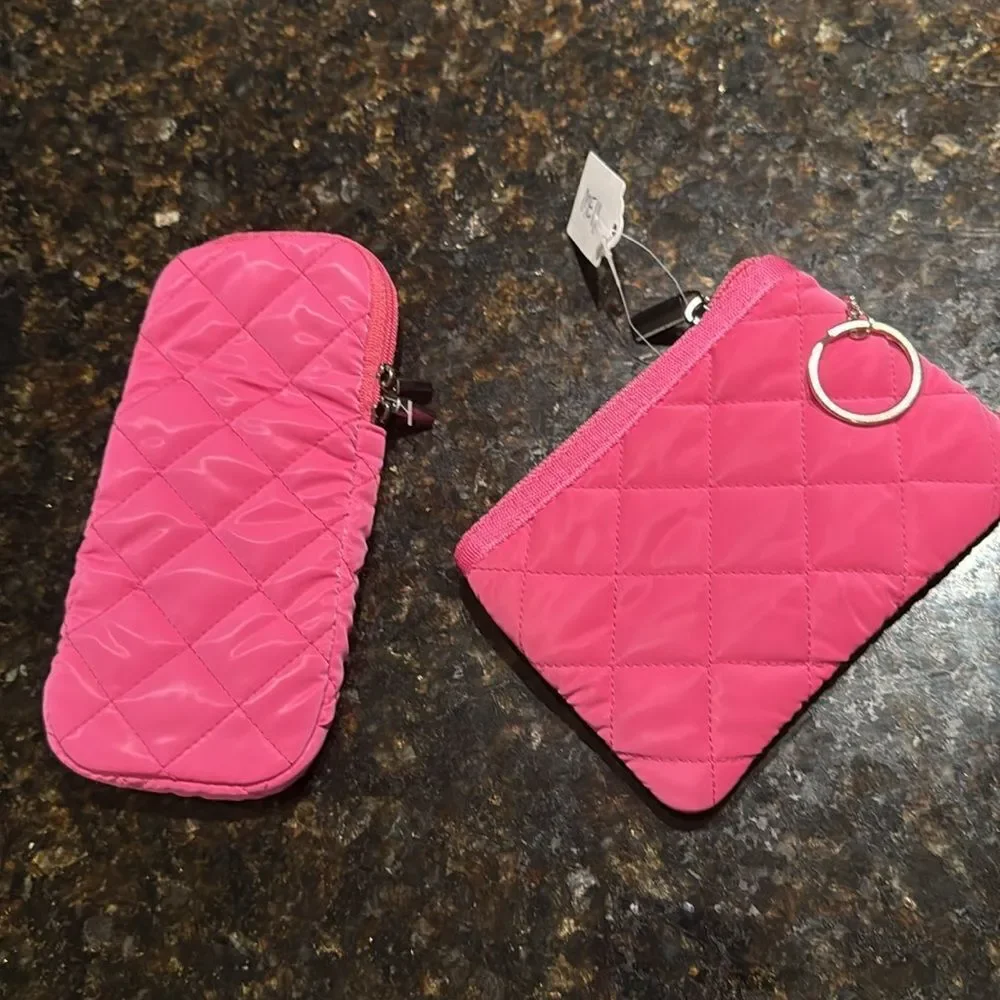 Pink & Orange Neoprene Quilted Card Case with Keyring and Sunglass Case NEW